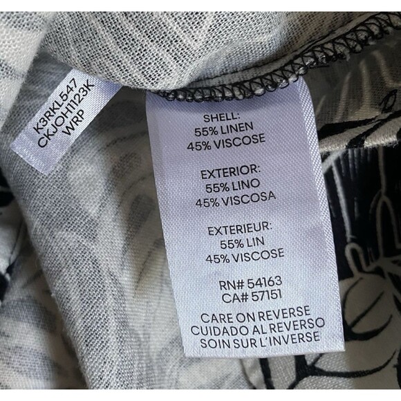 Calvin Klein Linen Tunic Shirt M Floral Black White Button Up Vacation Coastal - Picture 8 of 9